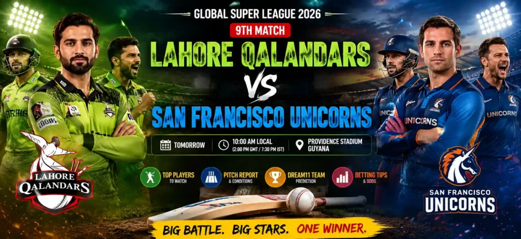 Lahore Qalandars vs San Francisco Unicorns Global Super League 2026 Match Prediction, Dream11 Team & Pitch Report