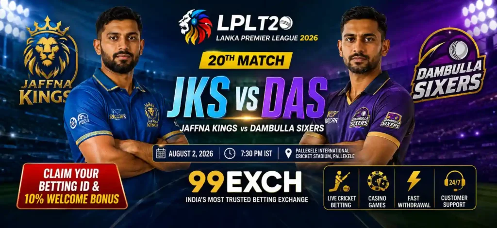 JKS vs DAS 2026 match prediction banner with cricket players and stadium backdrop