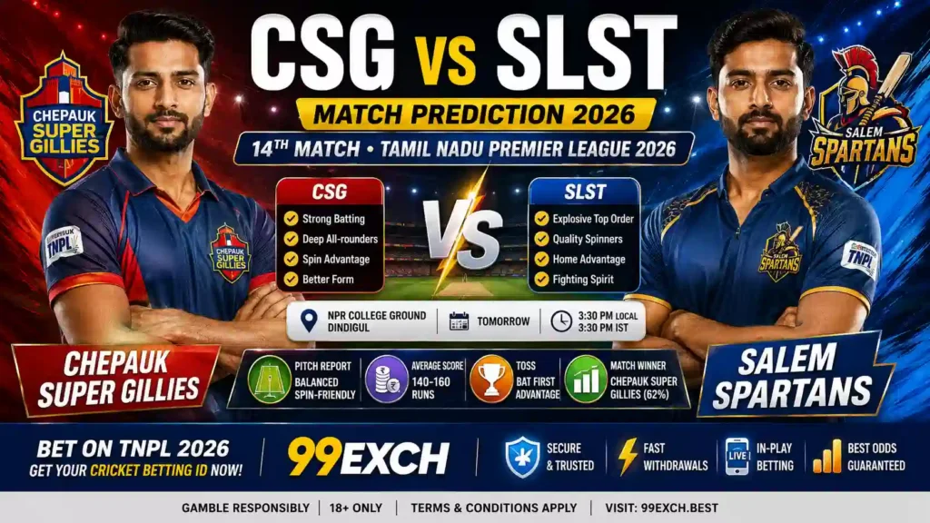 CSG vs SLST Match Prediction 2026 – Chepauk Super Gillies vs Salem Spartans TNPL match preview at NPR College Ground Dindigul
