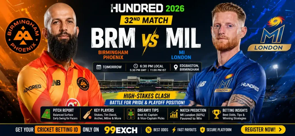 BRM vs MIL Match Prediction 2026 featuring Birmingham Phoenix vs MI London at Edgbaston, The Hundred 32nd Match