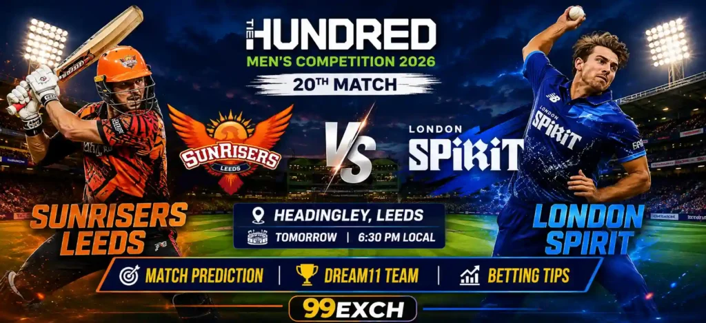 Sunrisers Leeds vs London Spirit Match Prediction 2026, Dream11 Team, Betting Tips and The Hundred cricket match banner
