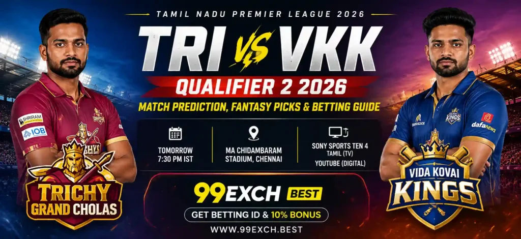 Alt text: TRI vs VKK Qualifier 2 2026 match prediction banner at Chepauk Stadium.