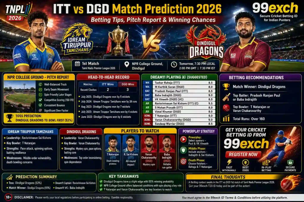 "ITT vs DGD Match Prediction 2026 banner featuring Idream Tiruppur Tamizhans vs Dindigul Dragons, TNPL 2026 pitch report, Dream11 prediction, betting tips, and winning chances."