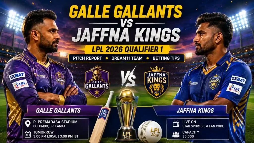 Galle Gallants vs Jaffna Kings LPL 2026 Qualifier 1 match prediction, Dream11 team, pitch report and betting tips at R. Premadasa Stadium, Colombo.