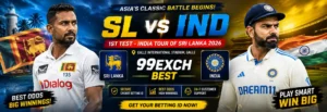 SL vs IND 1st Test 2026 match prediction banner featuring Sri Lanka and India players at Galle International Stadium with 99EXCH BEST branding