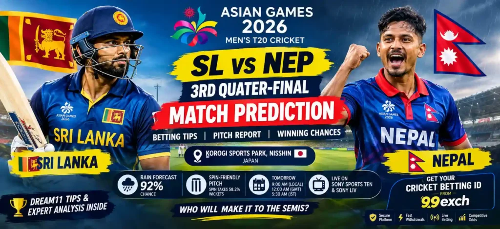 Sri Lanka vs Nepal 3rd Quarter-Final Asian Games 2026 match prediction and pitch report.